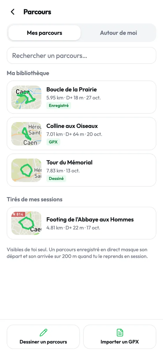 Page Parcours, onglet Mes parcours : un parcours enregistré, un GPX importé, un parcours dessiné et un tracé tiré d'une session