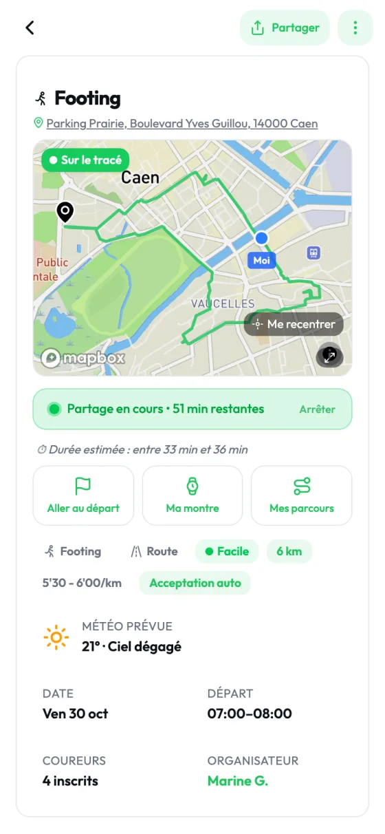 Fiche d'une session de course à Caen : la carte montre le tracé, ta position dessus et le partage en cours, avec les boutons Aller au départ, Ma montre et Mes parcours