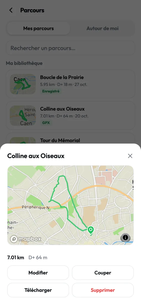 Fiche du parcours Colline aux Oiseaux : la carte du tracé, 7 km et 64 m de dénivelé, avec Modifier, Couper, Télécharger et Supprimer