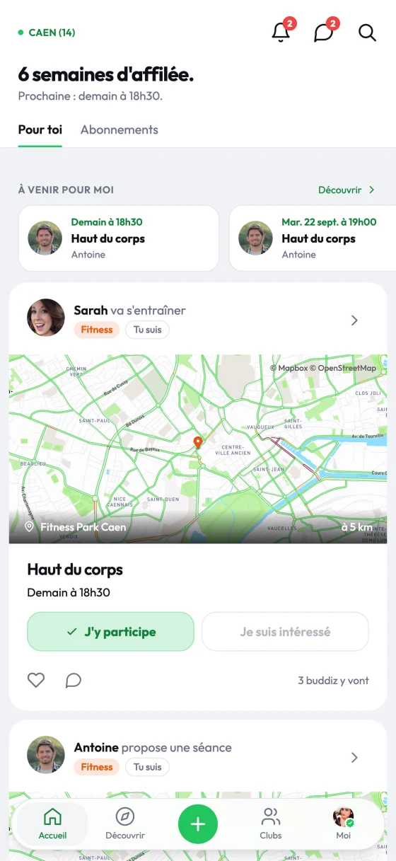 El inicio de la app Buddiz: las próximas sesiones de la gente que sigues