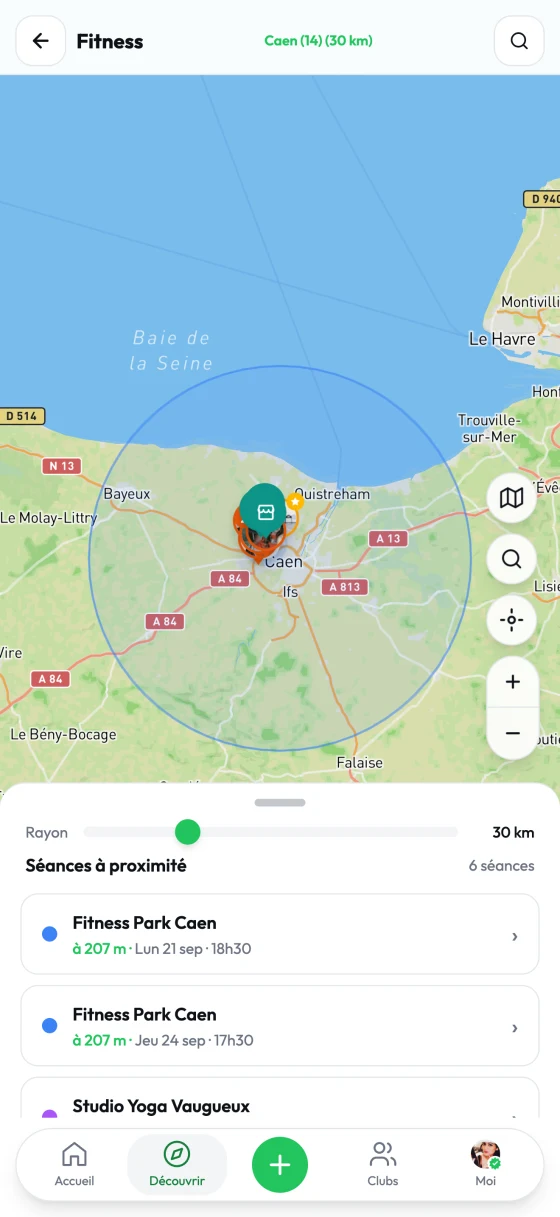 El mapa de la app Buddiz: las sesiones a tu alrededor