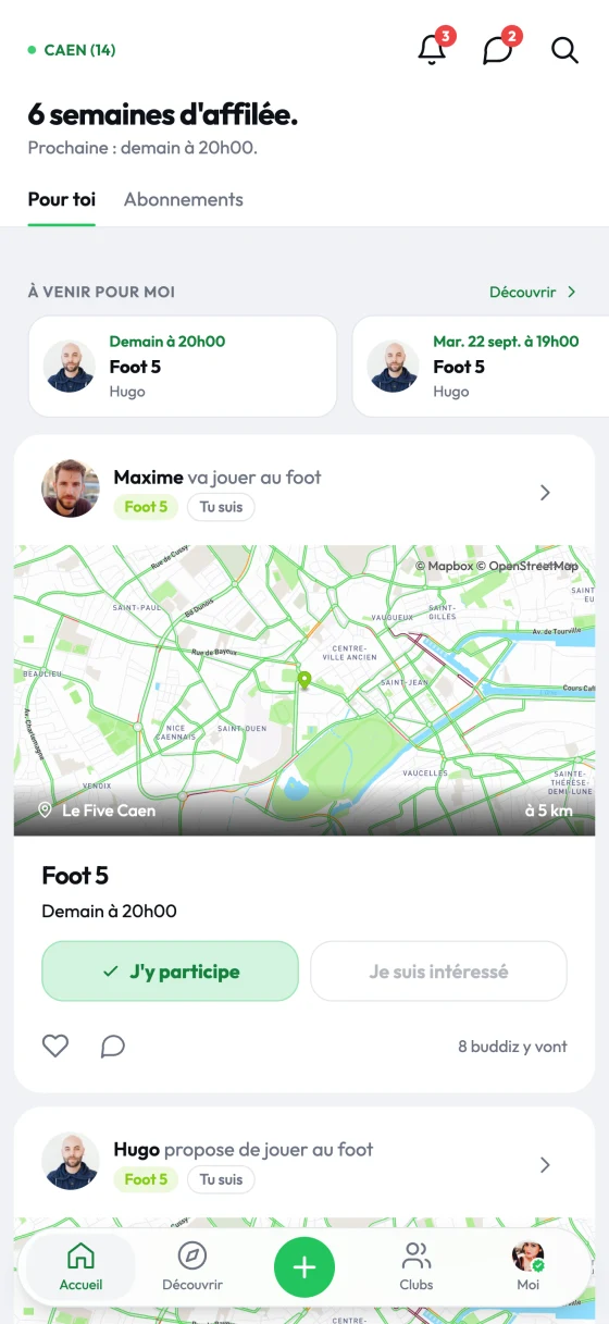 L'accueil de l'app Buddiz : les prochaines sessions des gens que tu suis