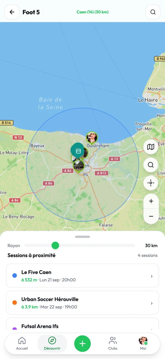 La carte de l'app Buddiz : les sessions autour de toi
