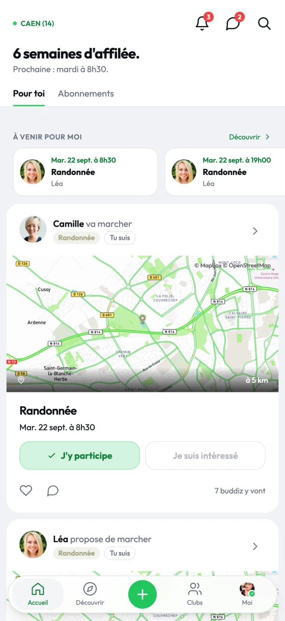 L'accueil de l'app Buddiz : les prochaines sessions des gens que tu suis