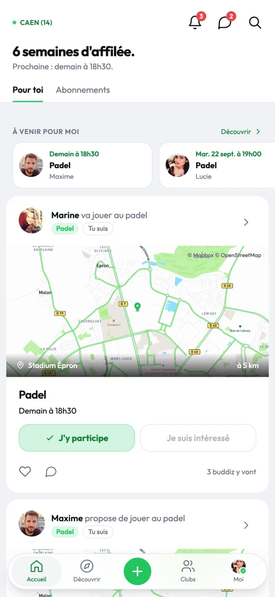 L'accueil de l'app Buddiz : les prochaines sessions des gens que tu suis