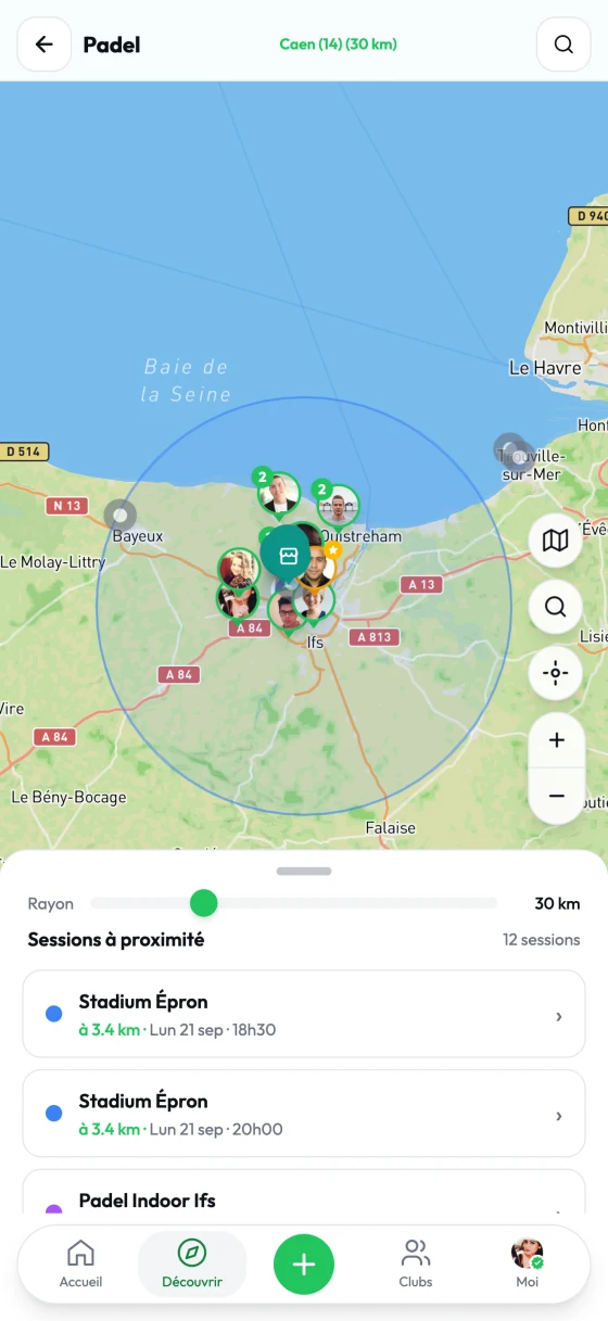 La carte de l'app Buddiz : les sessions autour de toi