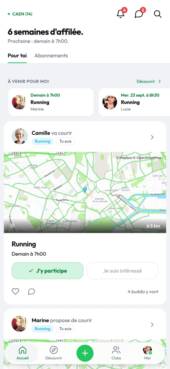 The Buddiz app home: upcoming sessions from the people you follow