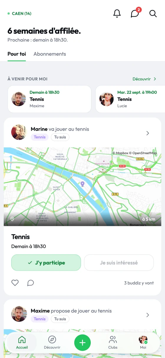 The Buddiz app home: upcoming sessions from the people you follow